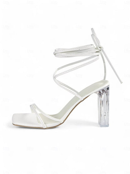 Lace-Up with Heel Block Women's Strappy Clear White Heels