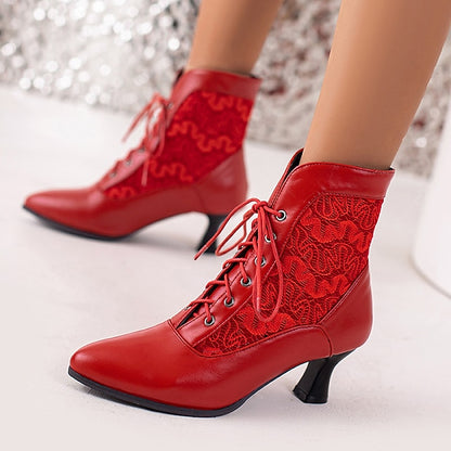 Embroidered with Women's Panels Lace-Up Ankle Boots White