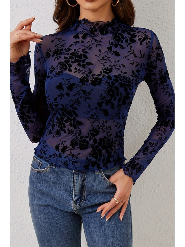 Women's Blouse Mesh Plain Stylish Long Sleeve High Neck