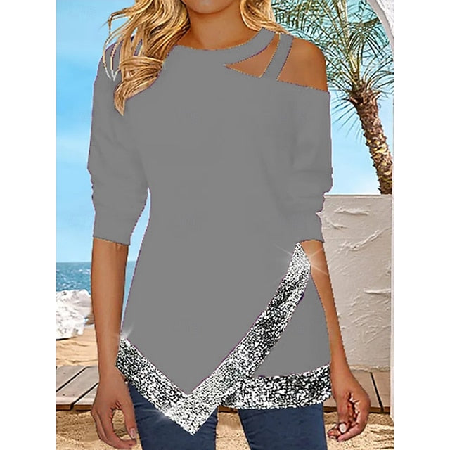 Women's Blouse Sequins Patchwork Solid Color Stylish Casual