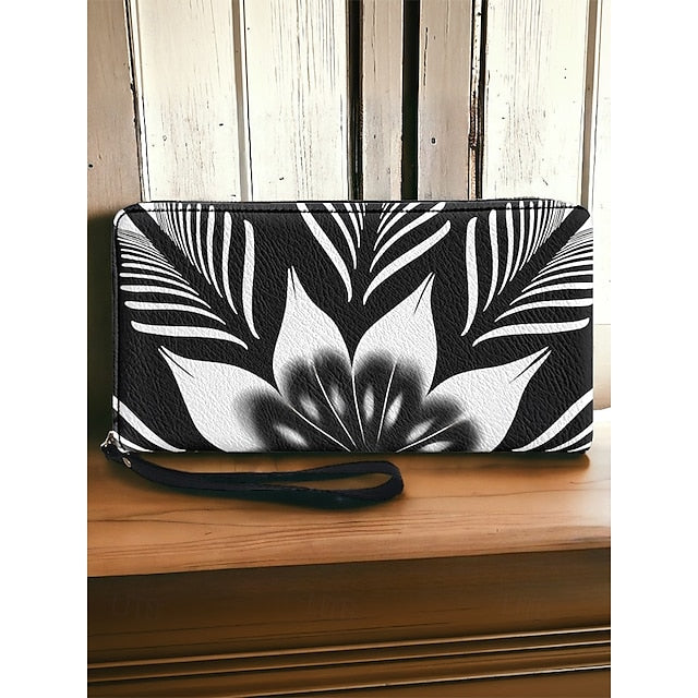 Floral Black Women's Wallet Faux White and Print –