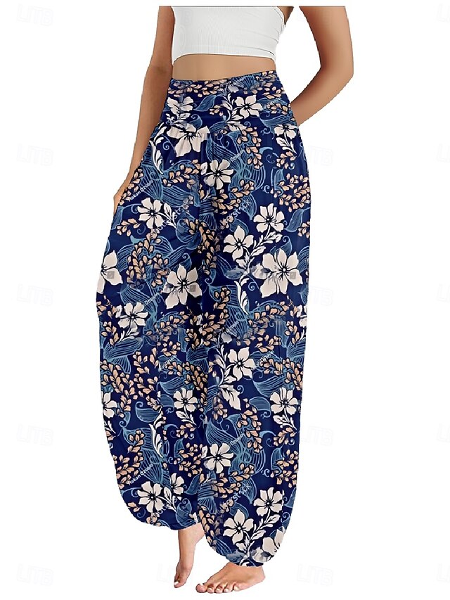 Women's Faux Cotton Linen Wide Leg Pants Trousers Ethnic