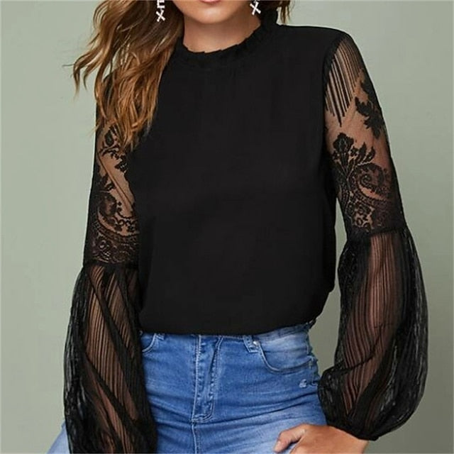 Women's Boho Shirt Lace Shirt Blouse Mesh Patchwork Top