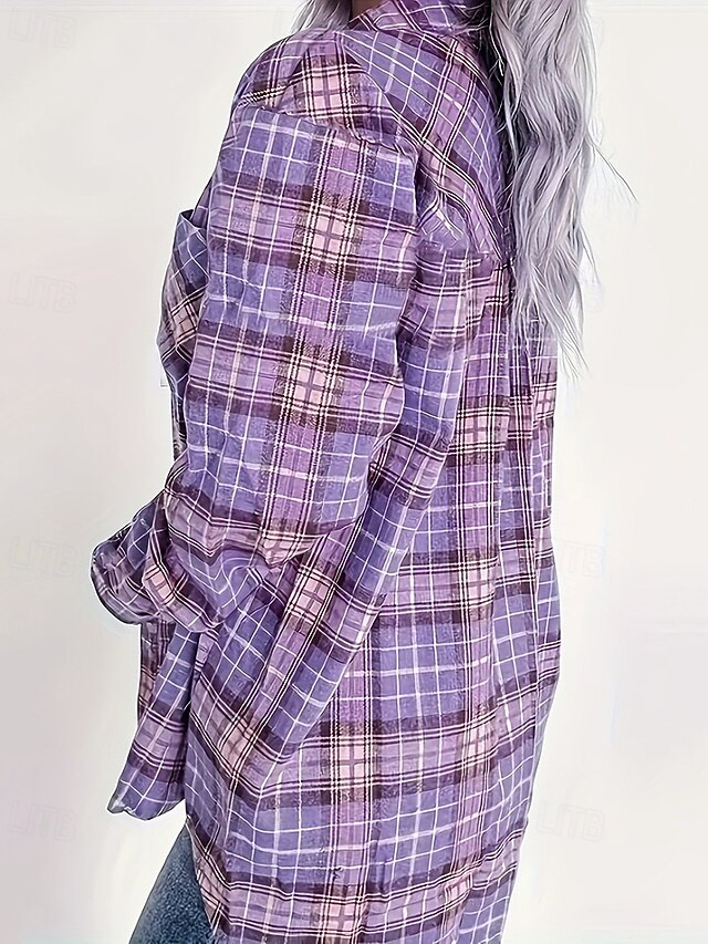 Women's Shirt Pocket Buttons Plaid Elegant Bohemia Vintage
