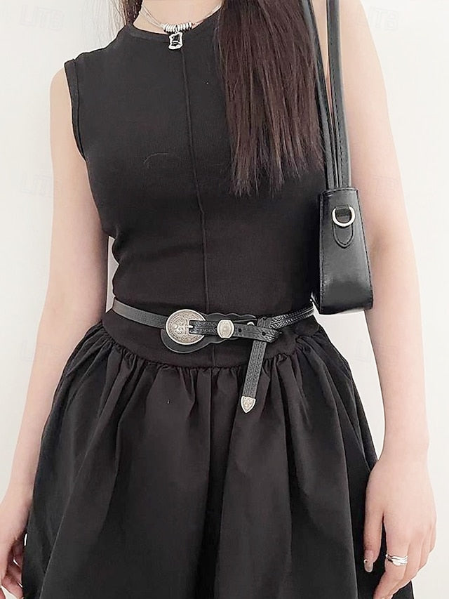 Leather Vintage Women's Faux Belt with Carved Western Waist