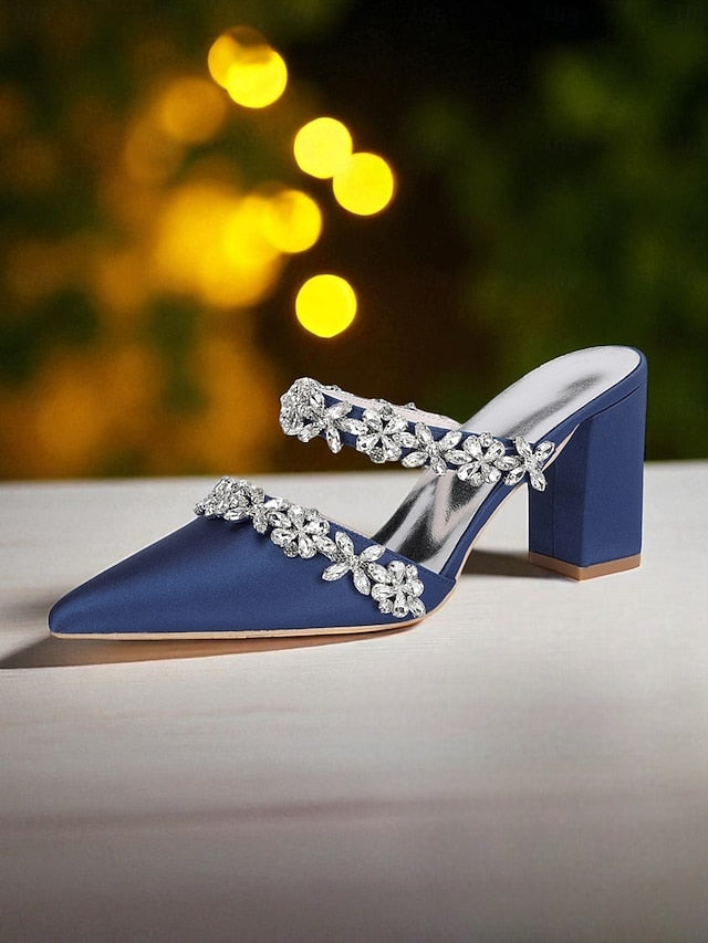 Black Satin Women's Rhinestone Mules Floral with Block Heel