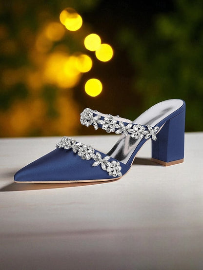 Black Satin Women's Rhinestone Mules Floral with Block Heel