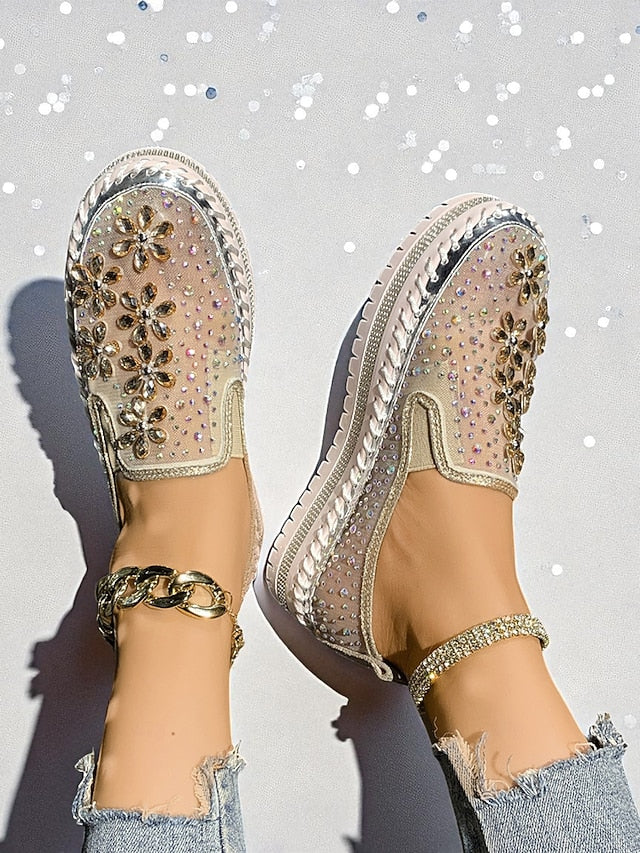 Embellished Sneakers Slip-On with Women's Mesh Rhinestone