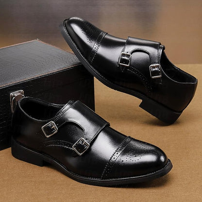 Double Strap with Brown Shoes Men's Leather Monk Faux