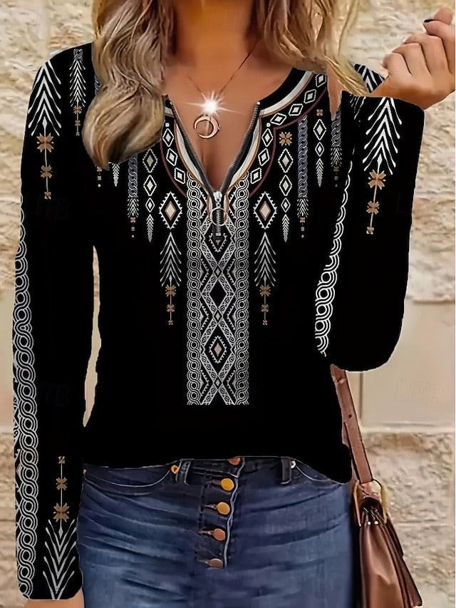 Women's T Shirt Zipper Print Graphic Tribal Fashion Casual