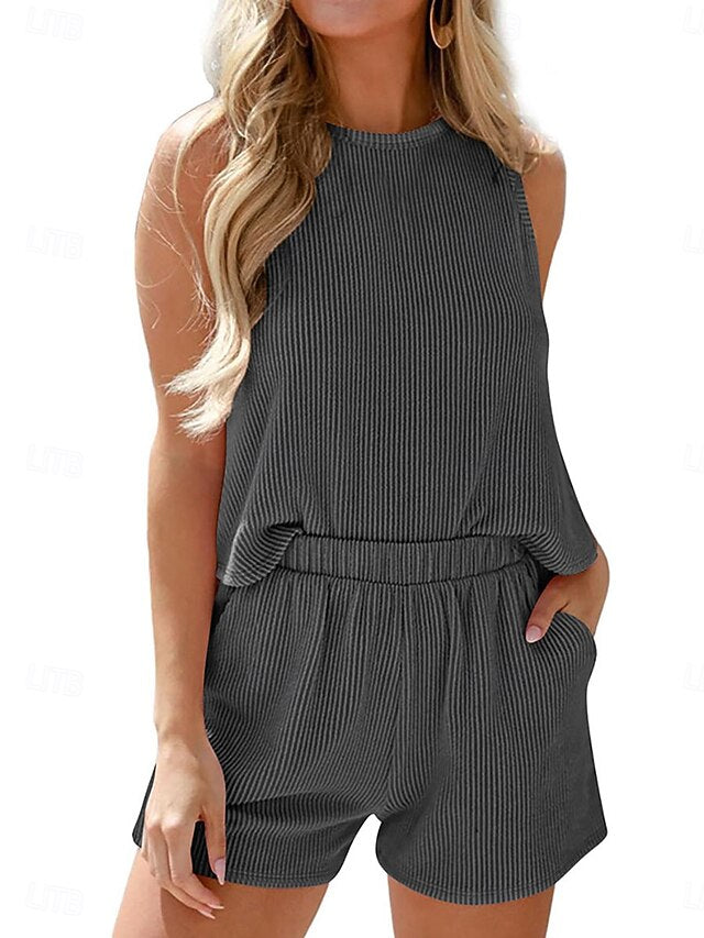 Women's Shorts Sets Bolero Top Sleeveless Crew Neck Plain