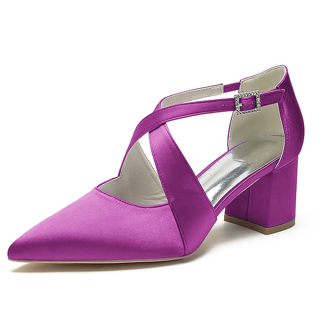 Satin Elegant Toe – White Women's Heels Block Pointed