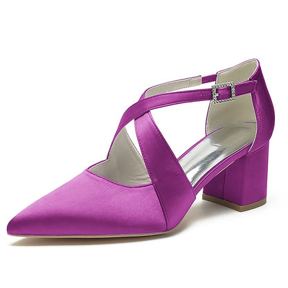 Satin Elegant Toe – White Women's Heels Block Pointed