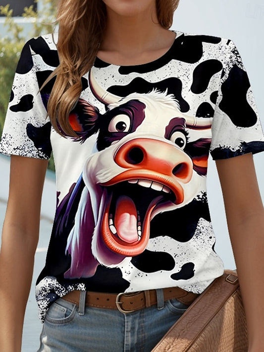 Women's T Shirt Print Cow Casual Short Sleeve Round Neck