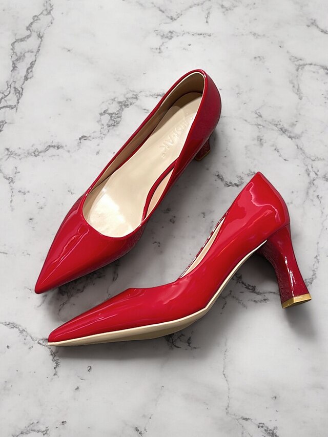 Green Leather Glossy Pumps Patent Heel Faux Block Pointed-Toe