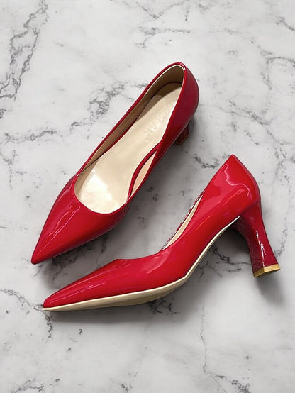 Green Leather Glossy Pumps Patent Heel Faux Block Pointed-Toe