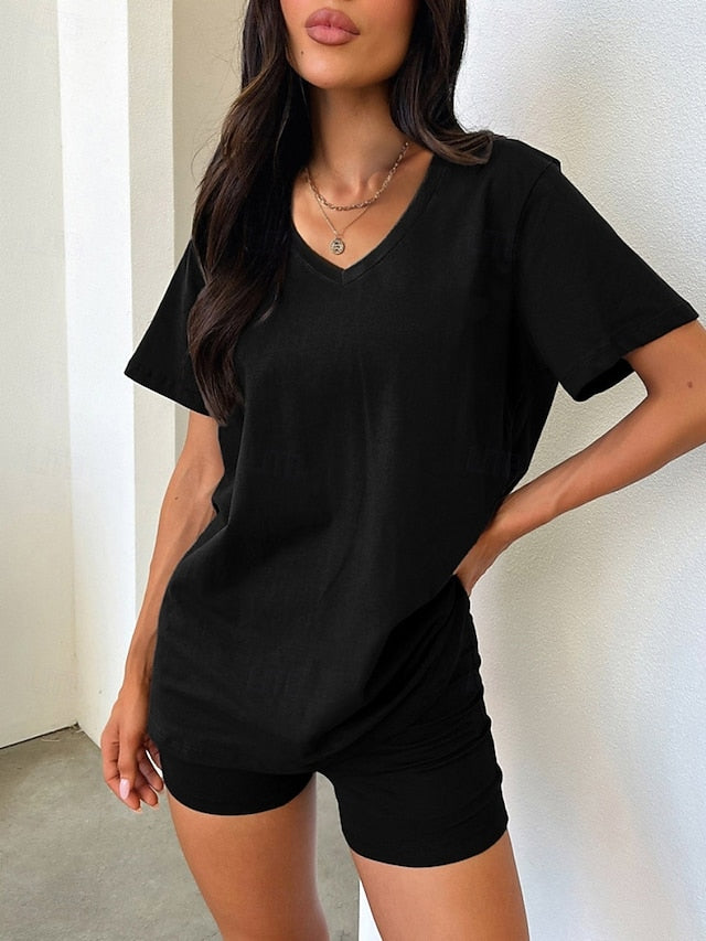 Women's Shorts Sets Short Sleeve Round Neck Plain Fashion