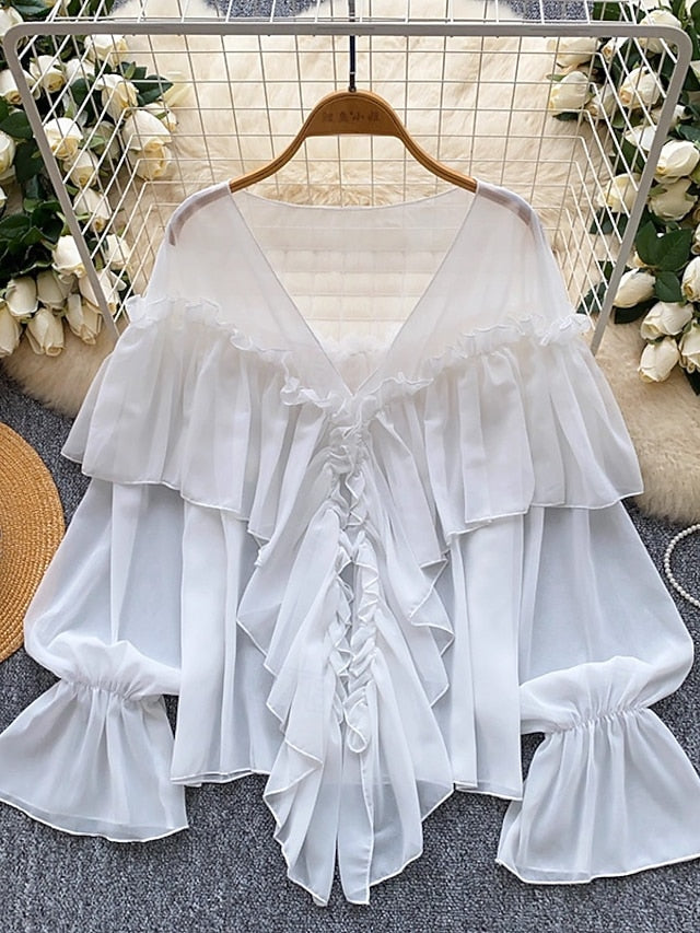 Women's Popover Shirt Casual Shirt Blouse Ruffle Solid