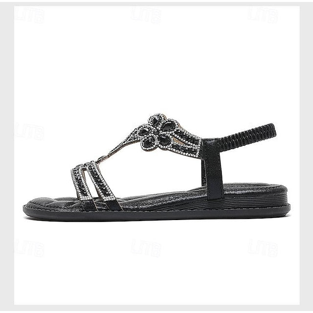 Boho Silver – Rhinestone Sandals Flat T-Strap Women's