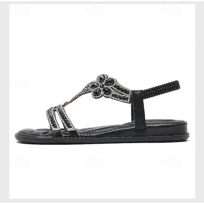 Boho Silver – Rhinestone Sandals Flat T-Strap Women's