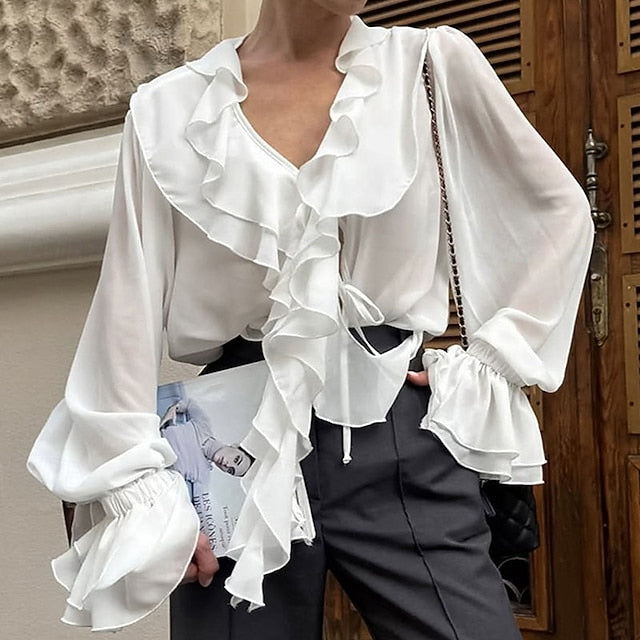 Ruched Tops Satin Chiffon Women's Top Elegant Blouse Ruffle