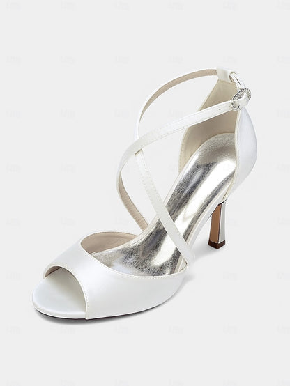 Satin – White Women's Cross-Strap Peep-Toe Heels Elegant