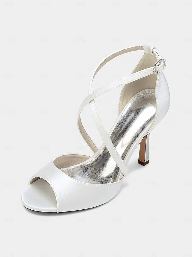 Cross-Strap Peep-Toe – Elegant White Satin Heels Women's