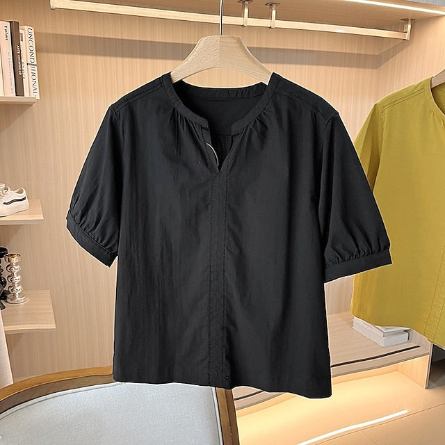 Women's Cotton Linen Shirts Blouse Ruched Patchwork Plain
