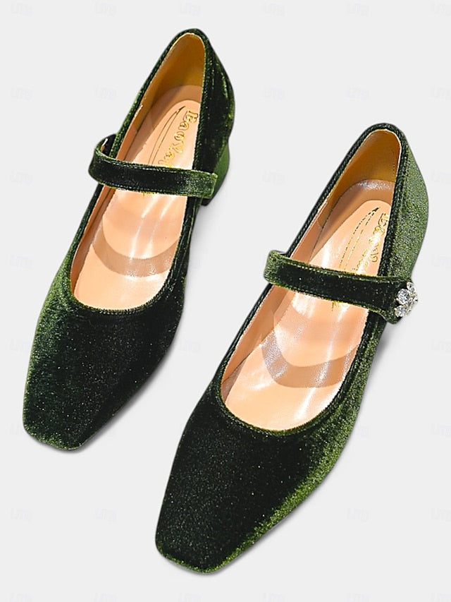 Block Green Pumps - Women's Square Mary Velvet Jane Toe