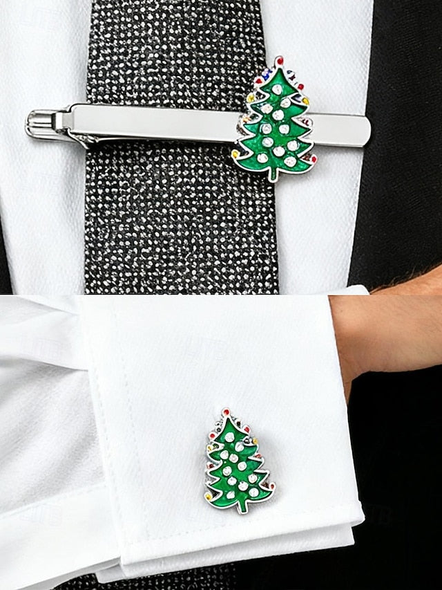 and Christmas Tie - Set Clip Men's Cufflinks Tree Festive