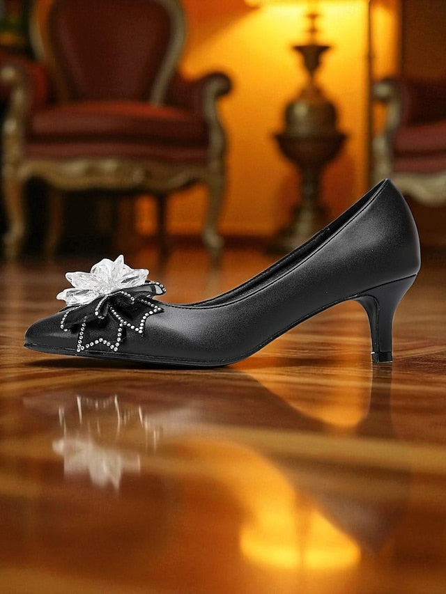 Crystal Shoes Women's Bow Low White Heel with Wedding