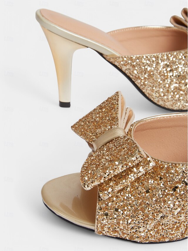 Mules Stiletto Party Gold Glitter Bow – Women's Glamorous