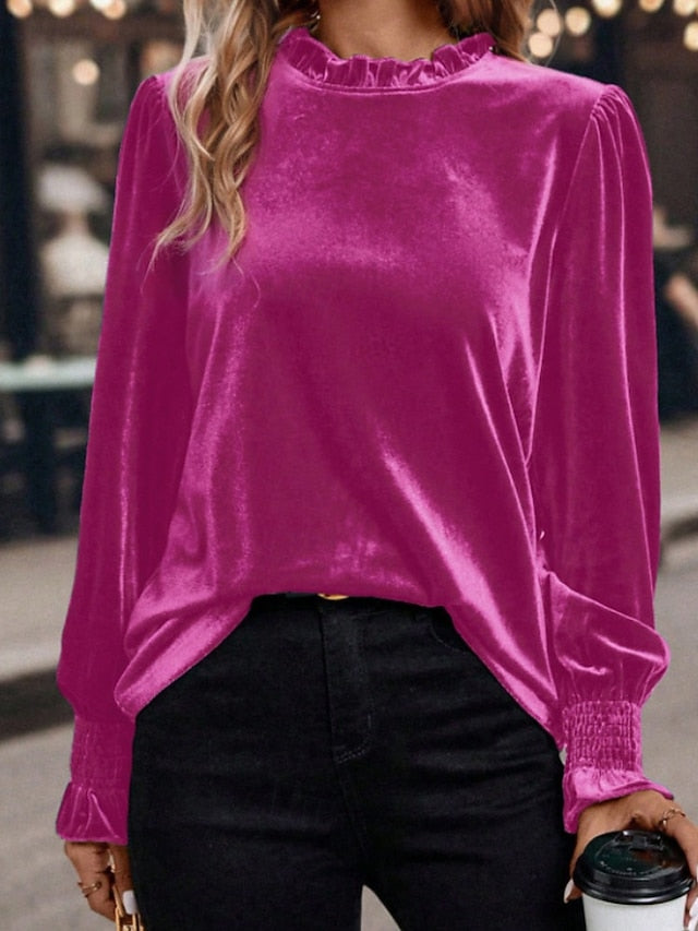 Women's Velvet Elegant Dressy Blouse Ruched Plain Vintage