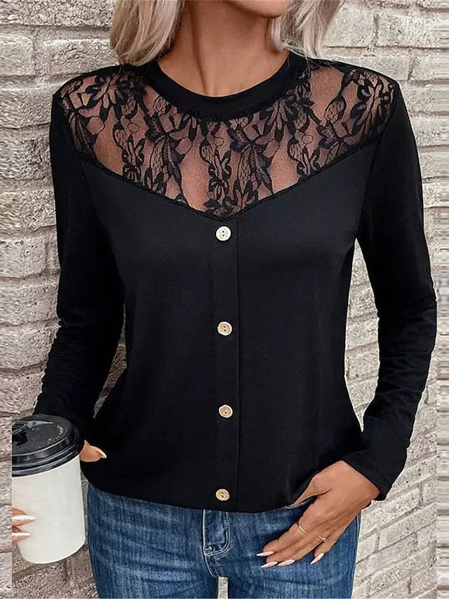 Women's Elegant Lace Tops Eyelet Sexy Blouse Casual Solid