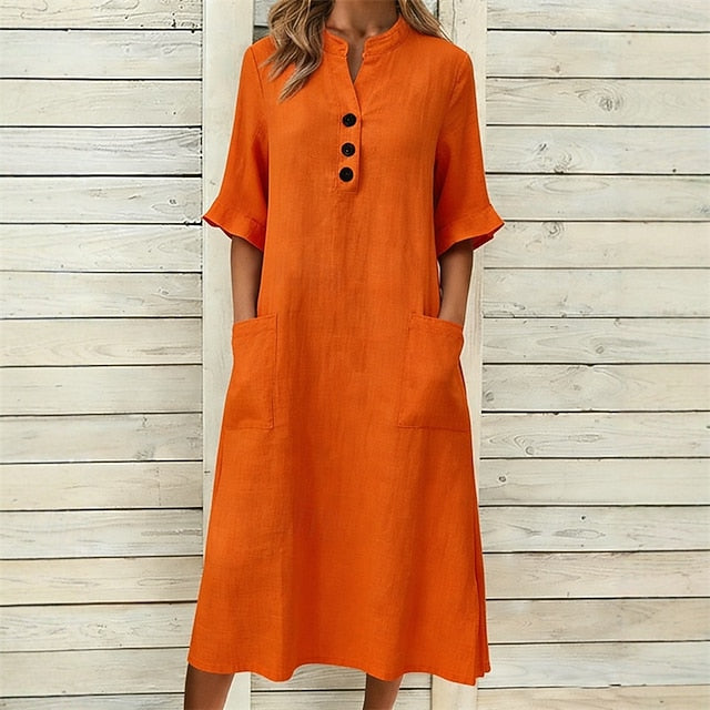 Women's Midi Dress Black Dress Cotton Linen Dress Elegant