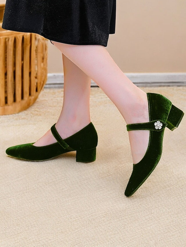 Block Green Pumps - Women's Square Mary Velvet Jane Toe