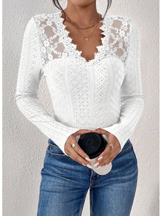 Splicing Solid Women's Color Top Eyelet Elegant Lace