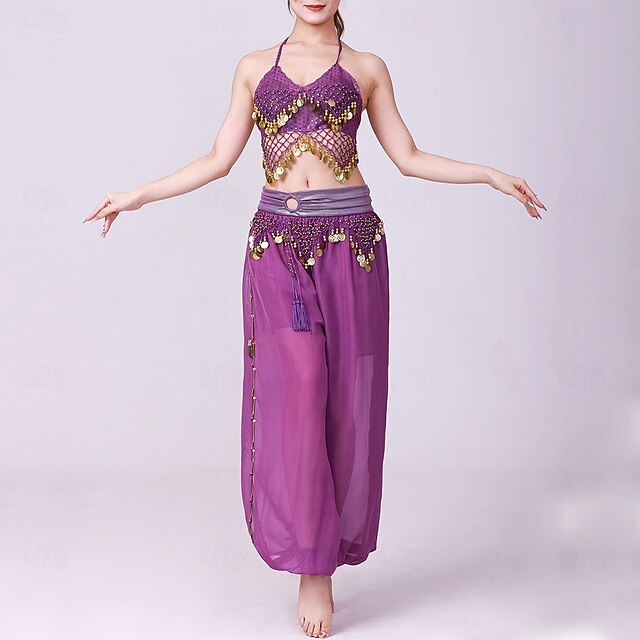 Latin Dance Top Gold Coin Pure Color Splicing Women's