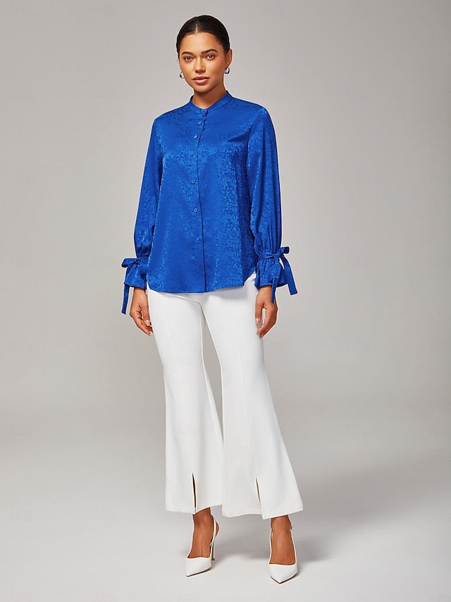 Women's Royal Blue Satin Shirt Subtle Jacquard Lustrous