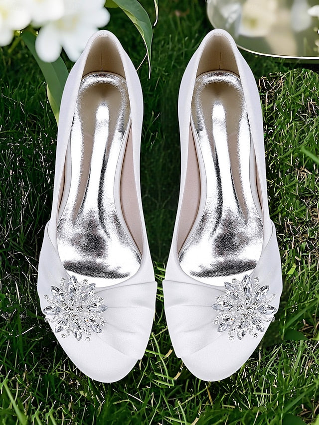 White Wedding Satin Flats – Elegant Crystal Women's