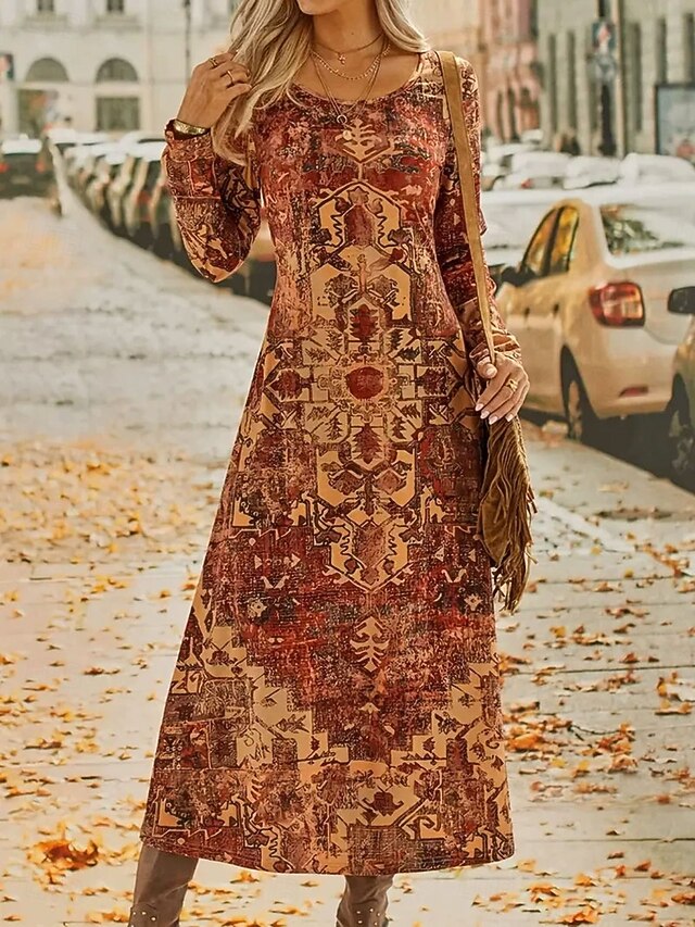 Women's Maxi Dress Vintage Bohemian A Line Dress Crew Neck