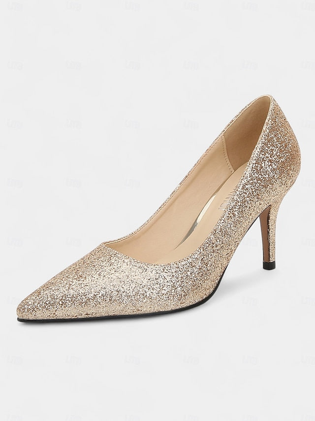 Gold Women's Pointed-Toe Pumps - Sparkly Glitter Stiletto