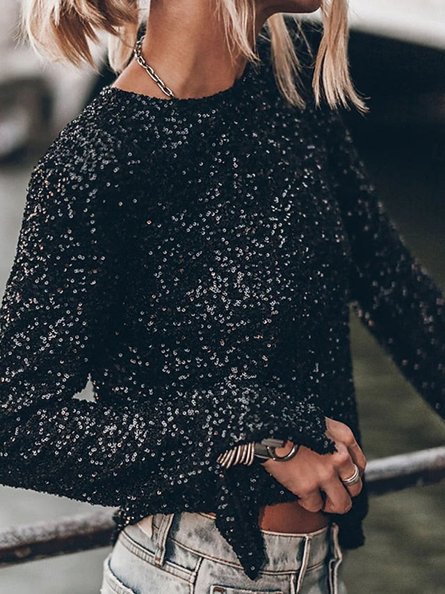 Women's Shirt Sequin Sparkly Party Sequins Backless Solid