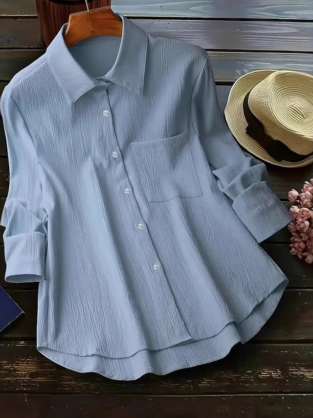 Women's Shirt Blouse Pocket Buttons Asymmetric Hem Plain