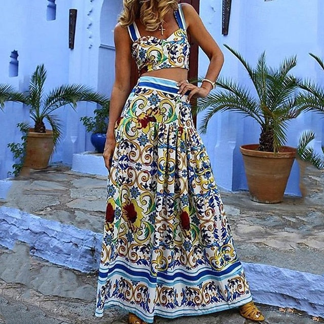 Women's Blouse Skirt Sets Sleeveless U Neck Floral Print