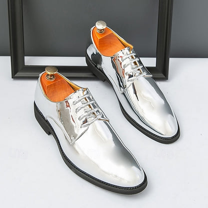 Gold – for Lace-Up Sleek Shoes Leather Men Patent Shiny