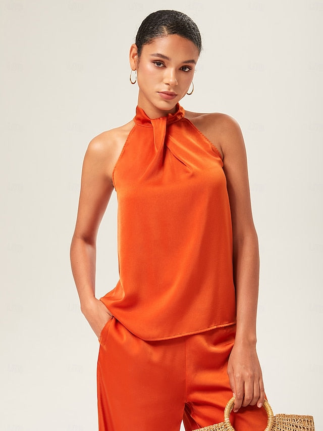 Orange Stand Collar Wide Leg Pants Set