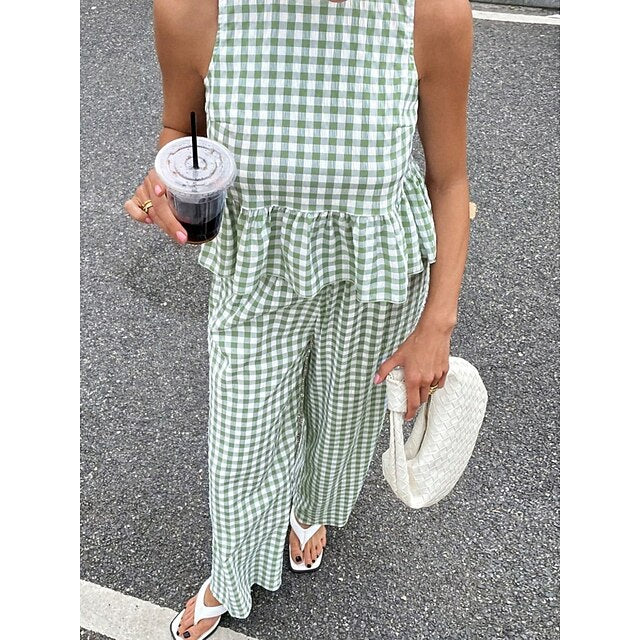 Women's Pants Sets Bolero Top Sleeveless Crew Neck Plaid