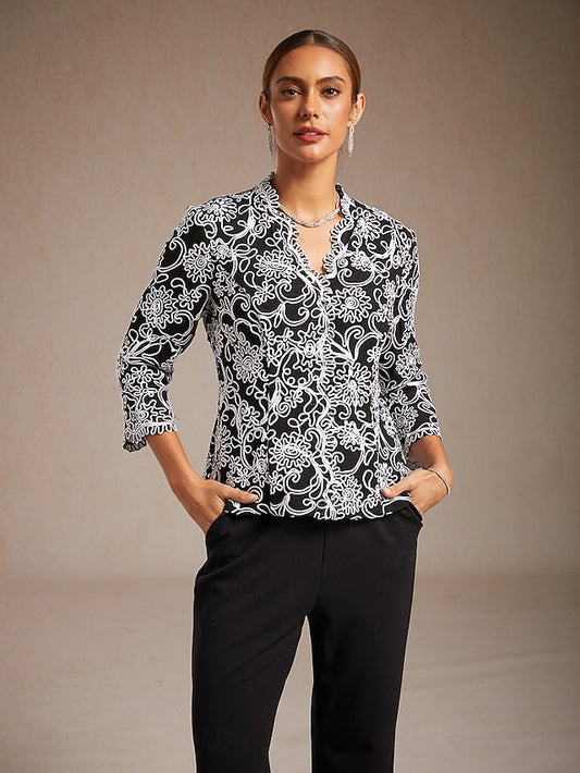 Women's Dressy Tops Floral Paisley Embroidered Elegant 3/4