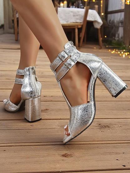 Double Shiny Heel Silver Sandals Block - Women's Party